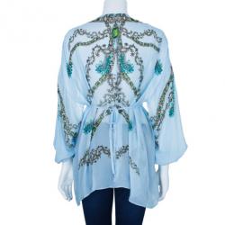 Pre Owned Roberto Cavalli Blue Floral Silk Chiffon Kaftan Top S