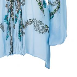 Pre Owned Roberto Cavalli Blue Floral Silk Chiffon Kaftan Top S