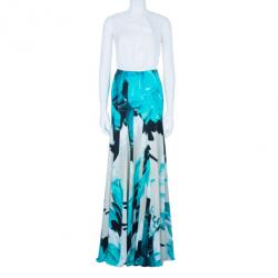 Pre Owned Roberto Cavalli Blue Tonal Silk Maxi Skirt M