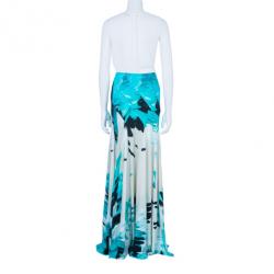 Pre Owned Roberto Cavalli Blue Tonal Silk Maxi Skirt M