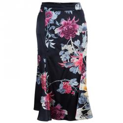 Pre Owned Roberto Cavalli Black Floral Print Silk Skirt M