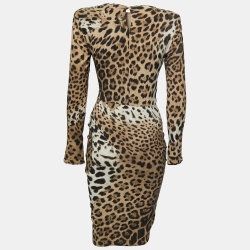 Pre Owned Roberto Cavalli Beige Animal Print Silk Draped Midi Dress S
