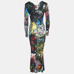 Pre Owned Roberto Cavalli Multicolor Floral Print Jersey Beetle Brooch Cutout Maxi Dress S