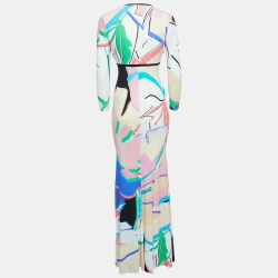 Pre Owned Roberto Cavalli Multicolor Leaves Print Stretch Knit Ruched Maxi Dress M