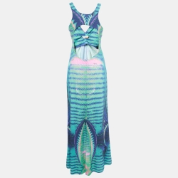 Pre Owned Roberto Cavalli Multicolor Print stretch Knit Cut-Out Sleeveless Maxi Dress M
