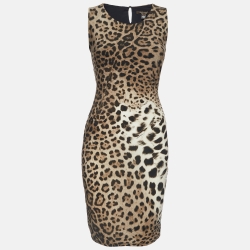 Brown Leopard Print Jersey Sleeveless Sheath Dress