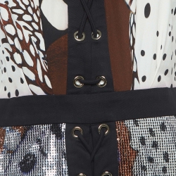 Pre Owned Roberto Cavalli Multicolor Printed Sequin and Cotton Lace-Up Mini Dress M