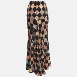 Pre Owned Roberto Cavalli Multicolor Floral Glitter Print Silk Maxi Skirt M