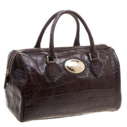 Pre Owned Roberto Cavalli Brown Croc Embossed Leather Boston Bag