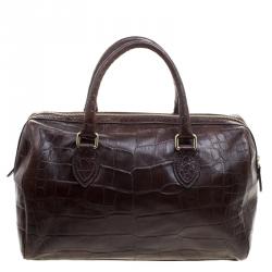 Pre Owned Roberto Cavalli Brown Croc Embossed Leather Boston Bag