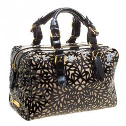 Pre Owned Roberto Cavalli Black Laser Cut Patent Leather Boston Bag