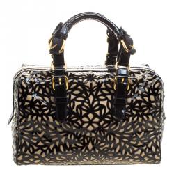 Pre Owned Roberto Cavalli Black Laser Cut Patent Leather Boston Bag