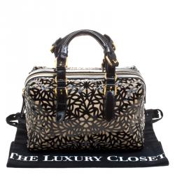 Pre Owned Roberto Cavalli Black Laser Cut Patent Leather Boston Bag