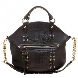 Roberto Cavalli Dark Brown Croc Embossed Leather Tote