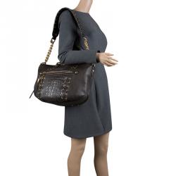 Roberto Cavalli Dark Brown Croc Embossed Leather Tote
