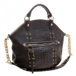 Roberto Cavalli Dark Brown Croc Embossed Leather Tote