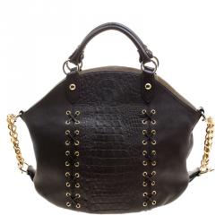 Roberto Cavalli Dark Brown Croc Embossed Leather Tote