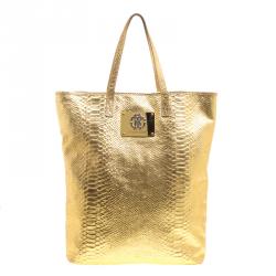 Roberto Cavalli Gold Python Embossed Leather Tote