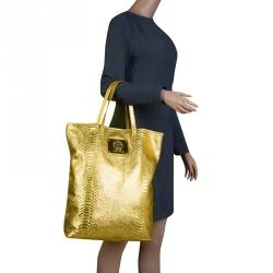 Roberto Cavalli Gold Python Embossed Leather Tote