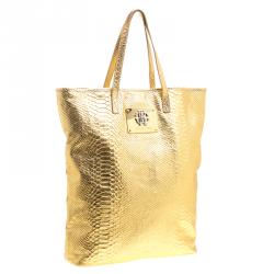 Roberto Cavalli Gold Python Embossed Leather Tote