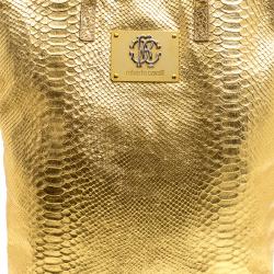 Roberto Cavalli Gold Python Embossed Leather Tote