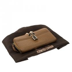 Pre Owned Roberto Cavalli Brown Leather Padlock Zip Around Wallet