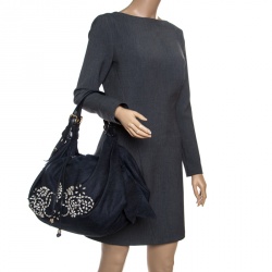 Pre Owned Roberto Cavalli Dark Blue Denim Crystal Embellished Drawstring Hobo