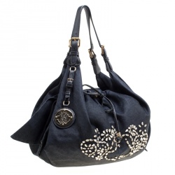 Pre Owned Roberto Cavalli Dark Blue Denim Crystal Embellished Drawstring Hobo