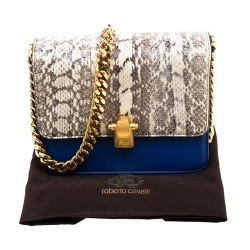 Pre Owned Roberto Cavalli Beige/Blue Leather and Python Hera Crossbody Bag