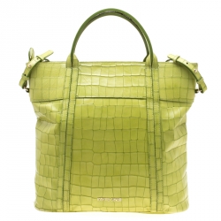 Roberto Cavalli Lime Crocodile Embossed Leather Shopper Tote