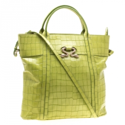 Roberto Cavalli Lime Crocodile Embossed Leather Shopper Tote