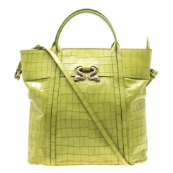 Roberto Cavalli Lime Crocodile Embossed Leather Shopper Tote