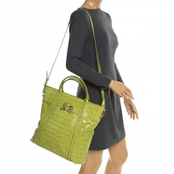 Roberto Cavalli Lime Crocodile Embossed Leather Shopper Tote