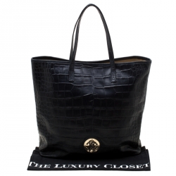 Roberto Cavalli Black Croc Embossed Leather Tote
