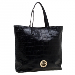 Roberto Cavalli Black Croc Embossed Leather Tote