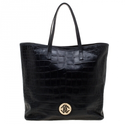 Roberto Cavalli Black Croc Embossed Leather Tote