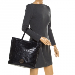 Roberto Cavalli Black Croc Embossed Leather Tote