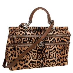 Roberto Cavalli Brown Leopard Print Calfhair and Leather Grande Diva Satchel