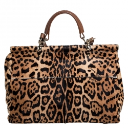Roberto Cavalli Brown Leopard Print Calfhair and Leather Grande Diva Satchel
