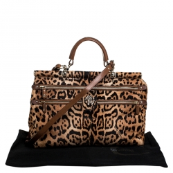Roberto Cavalli Brown Leopard Print Calfhair and Leather Grande Diva Satchel