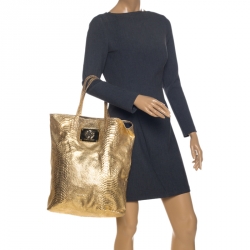 Pre Owned Roberto Cavalli Gold Python Embossed Leather Shopper Tote