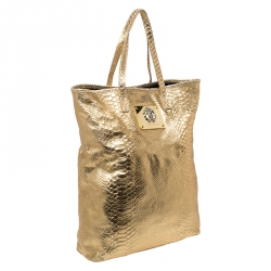 Pre Owned Roberto Cavalli Gold Python Embossed Leather Shopper Tote