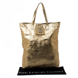 Pre Owned Roberto Cavalli Gold Python Embossed Leather Shopper Tote