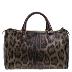 Pre Owned Roberto Cavalli Brown/Gold Leopard Printed Leather Boston Bag