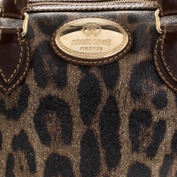 Pre Owned Roberto Cavalli Brown/Gold Leopard Printed Leather Boston Bag