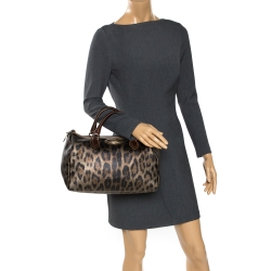 Pre Owned Roberto Cavalli Brown/Gold Leopard Printed Leather Boston Bag