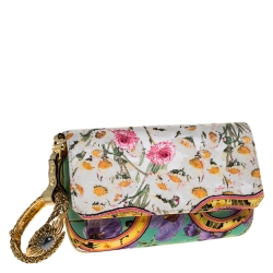مملوكة مسبقًا Roberto Cavalli Multicolor Floral Print Satin Serpent Bracelet Wristlet Clutch     