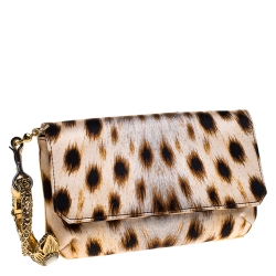 Pre Owned حقيبة كلتش روبرتو كافالي  سوار سيربنت ساتان طباعة فهد سوداء/بيج 