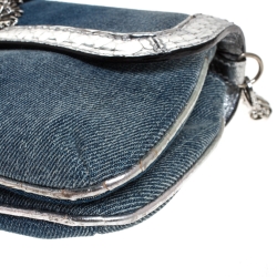 Pre Owned Roberto Cavalli Blue/Silver Denim and Snakeskin Flap Chain Clutch