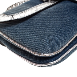 Pre Owned Roberto Cavalli Blue/Silver Denim and Snakeskin Flap Chain Clutch